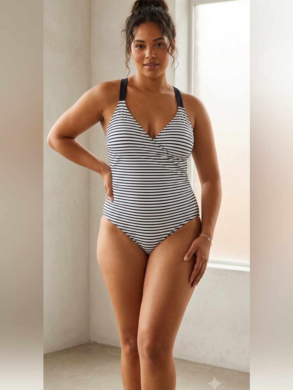 Kona Sol Navy & White Striped One-Piece with Braided Straps XL